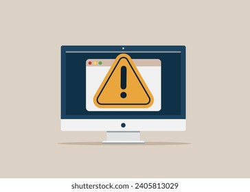 Solving problem, identify risk. Warning sign on screen monitor. Error or software failure. Vector illustration