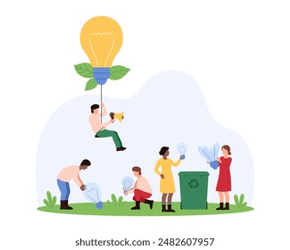 Solving problem process, teamwork to find answers and success idea, brainstorm, plan challenge of leadership. Tiny leader flying on yellow light bulb to people in team cartoon vector illustration