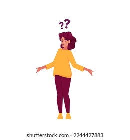 Solving Problem, Searching Solution and Info, Doubts and Confusion Concept. Serious Female Character with Question Marks over Head, Girl Think Isolated on White Background. Cartoon Vector Illustration