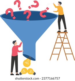 Solving problem, solution or result from business difficulty, research or discover new idea, creativity to answer questions, smart businessman with funnel or filter to get solution from question mark.