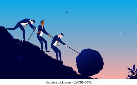 Solving problem - Team of business people working on big challenge. Teamwork and determination concept. Vector illustration