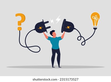 Solving problem through idea. Answer question and a creative person solves problems. Innovation as business success. A man connects a question with a light bulb of ideas. Vector illustration concept