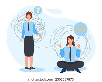 Solving problems concept. Woman in lotus position helps young girl in suit find answers to questions. Business education, company development. Tangled and unraveled. Cartoon flat vector illustration