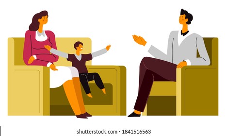 Solucionar problemas en consulta con psicólogos, familia en tratamiento de psicoterapia profesional. Niño y madre hablando con psiquiatra explicando comportamiento, orientación y vector de salud mental