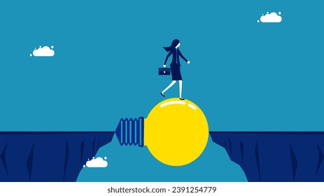 Solving problems with intelligence. Businesswoman crossing the cliff with light bulb bridge 