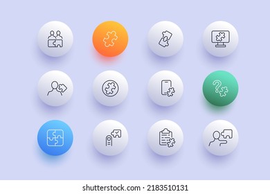 Solving problems with puzzles set icon. Perform tasks, conundrum, people, communication, computer, phone, question, document, clipboard. Business concept. Neomorphism. Vector line icon for Business.