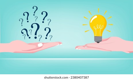 solving problems or solutions in business with the concept of a businessman's hand holding a sign which is answered with a light bulb depicting an idea or solution, answer and solution illustration