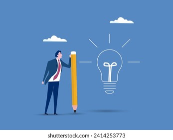Solving puzzle problem or business idea, innovation or creativity, challenge or thinking process concept, businessman holding pencil connecting dot puzzle as new lightbulb idea.
