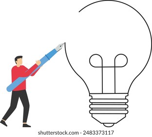 Lösung von Rätselproblem oder Geschäftsidee, Innovation oder Kreativität, Herausforderung oder Denken Prozesskonzept, Geschäftsmann mit Bleistift Zeichnung neue Glühbirne Idee.


