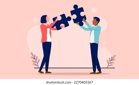 Resolver el rompecabezas - Dos personas en problemas de solución de negocios conectando piezas de rompecabezas. Ilustración vectorial de diseño plano