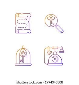 Solving quest gradient linear vector icons set. Map with route to pirate treasure. Solving puzzles. Part of quest. Thin line contour symbols bundle. Isolated vector outline illustrations collection