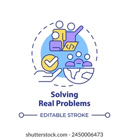 Solving real problems multi color concept icon. Hackathon benefit. Addressing global issues. Round shape line illustration. Abstract idea. Graphic design. Easy to use in promotional materials