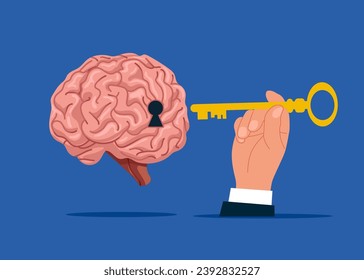 Solving the secrets. Solve business problem. Use the key to unlock their brains. Flat vector illustration