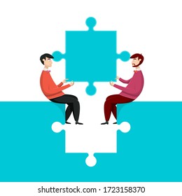 Solving - Solution Concept. Two Sitting Men Holding Blue Puzzle Piece Vector Illustration.