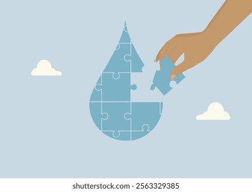 Solving the Water Puzzle, Piece by Piece. hand placing a puzzle piece into a water droplet-shaped puzzle, symbolizing the collaborative effort to solve water-related challenges. World water day. Water