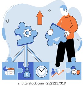 Solving work problems. Decision making, choosing options, best alternative or solution to success, business direction or thinking, contemplation businessman making answer putting together puzzle