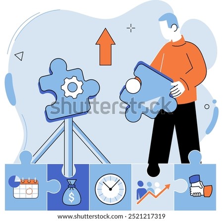 Solving work problems. Decision making, choosing options, best alternative or solution to success, business direction or thinking, contemplation businessman making answer putting together puzzle