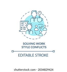 Solving Work Style Conflict Blue Concept Icon. Resolving Workplace Arguments. Conflict Management Abstract Idea Thin Line Illustration. Vector Isolated Outline Color Drawing. Editable Stroke