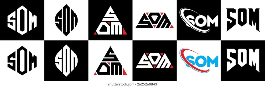 SOM carta logotipo design em estilo seis. SOM polígono, círculo, triângulo, hexágono, plano e estilo simples com cor preta e branca variação letra logotipo definido em uma prancheta. Logotipo minimalista e clássico do SOM
