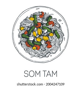 Som tam, spicy papaya salad, thai food. Hand drawn vector illustration. Sketch style. Top view. Vintage vector illustration.