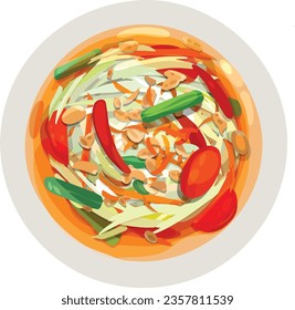 Som Tam Thai Papaya Salad Illustration. Top View Thai Food Illustration Vector