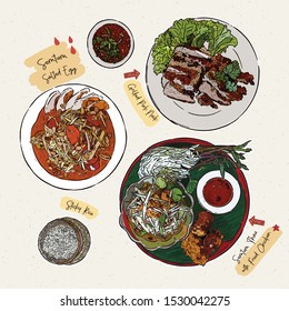 Som Tum, papaya salad and other set. Somtum with fried chicken, grilled pork neck, somtum with saled egg and sticky rice. hand draw sketch vector. Thai food. 