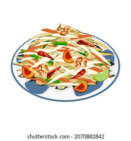 Som tum- sour and spicy Thai papaya salad. Isolated a plate of Thai papaya salad on white background. Asian traditional food vector drawing. Close up food vector illustration.