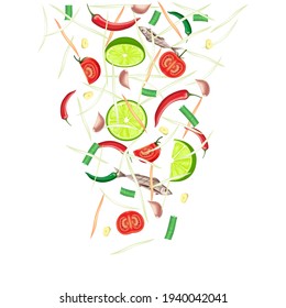 Som Tum Thai food, Green Papaya salad and spices pepper, tomato, lemon and garlic on white background. Vector EPS10 Illustration 