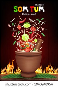 Som Tum Thai food, Green Papaya salad  in a mortar splashing explosion and spices pepper, tomato, lemon and garlic on banana leaf. Fire burning black background. 3D Vector EPS10 Illustration.