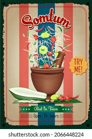 Som Tum Thai food, Green Papaya salad vintage restaurant sign. Retro design with papaya salad on old paper background red and turquoise colors. Wall decoration printing media. Vector EPS10.