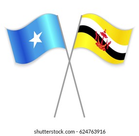 Somali and Bruneian crossed flags. Somalia combined with Brunei isolated on white. Language learning, international business or travel concept.