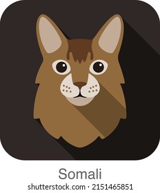 Somali Cat, Cat breed face cartoon flat icon design