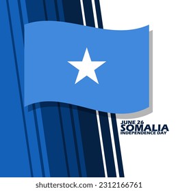 Somali flag with abstract stripes and bold text on white background to commemorate Somalia Independence Day on June 26