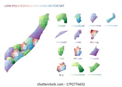 Somali low poly regions. Polygonal map of Somalia with regions. Geometric maps for your design. Neat vector illustration.