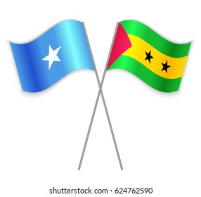 Somali and Sao Tomean crossed flags. Somalia combined with Sao Tome and Principe isolated on white. Language learning, international business or travel concept.