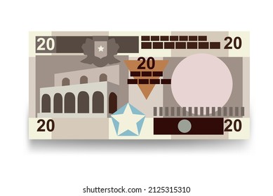 Ilustración del vector de chelín somalí. Dinero somalí conjunto de billetes. Dinero en papel 20 SOS. Estilo plano. Aislado sobre fondo blanco. Diseño sencillo y mínimo.