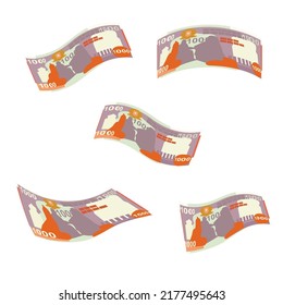 Somali Shilling Vector Illustration. Somalia Money Set Bundle Banknotes. Falling, Flying Money 1000 SOS. Flat Style. Isolated On White Background. Simple Minimal Design.