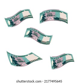 Somali Shilling Vector Illustration. Somalia Money Set Bundle Banknotes. Falling, Flying Money 500 SOS. Flat Style. Isolated On White Background. Simple Minimal Design.