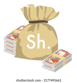 Somali Shilling Vector Illustration. Somalia Money Set Bundle Banknotes. Money Bag 1000 SOS. Flat Style. Isolated On White Background. Simple Minimal Design.