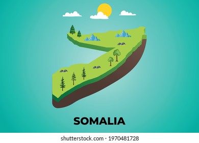 Somalia 3d isometric map with topographic details mountains, trees and soil vector illustration design