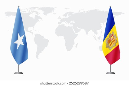 Somalia and Andorra flags for official meeting against background of world map.