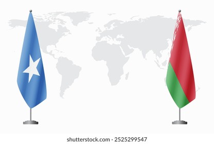 Somalia and Belarusian flags for official meeting against background of world map.