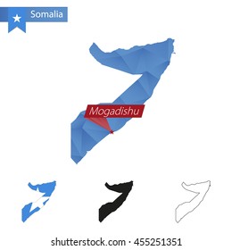 Somalia blue Low Poly map with capital Mogadishu, versions with flag, black and outline. Vector Illustration.