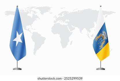 Somalia e Ilhas Canárias bandeiras para reunião oficial contra fundo do mapa do mundo.