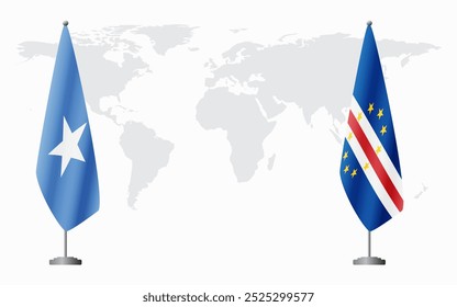 Somalia and Cape Verde flags for official meeting against background of world map.