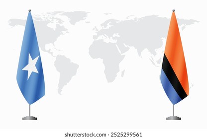 Somalia and Chagos Islands flags for official meeting against background of world map.