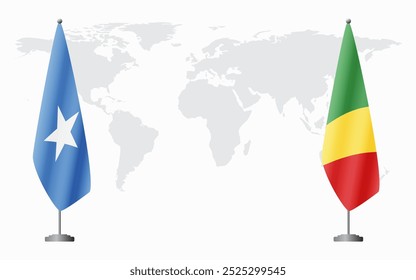 Somalia and Congo Brazzaville flags for official meeting against background of world map.