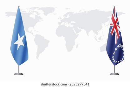 Flaggen von Somalia und Cook Islands für offizielle Treffen vor dem Hintergrund der Weltkarte.