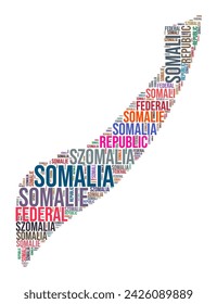 Nube de palabras en forma de país de Somalia. Ilustración de país estilo tipográfico. Imagen de Somalia en estilo nube de texto. Ilustración vectorial.