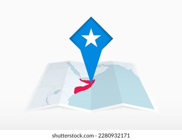 Somalia is depicted on a folded paper map and pinned location marker with flag of Somalia. Folded vector map.